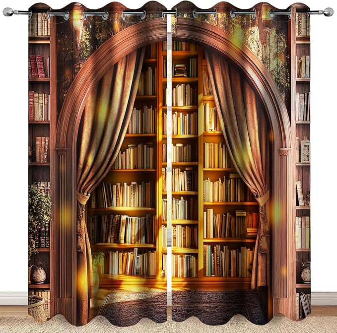 MissHope Library Bookshelf Blackout Curtains Sunshine Vintage Book Bookcase Tree Decor Women Men Boys Girls Bedroom Study Classroom Living Room Darkening Grommet Window Drapes 2 Panel Set, 42x63 Inch