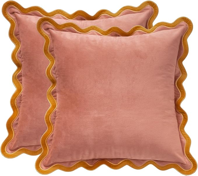 MONDAY MOOSE Decorative Throw Pillow Covers Cushion Cases, Set of 2 Soft Velvet Scalloped Wavy Edge Designs, Mix and Match for Home Decor, Pillow Inserts Not Included (16x16 inch, Pink/Honey)