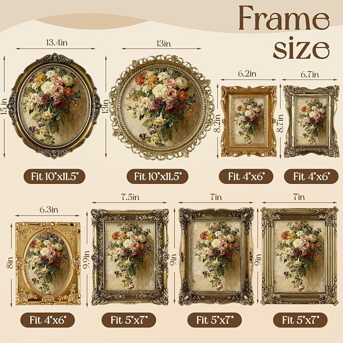 8 Pcs Vintage Picture Frames Set for Gallery Wall, Gold Bronze Ornate Antique Resin Photo Frame Collage Including Round, Oval, Rectangle Shapes in 10x12, 10x10, 5x7 & 4x6 for Wall and Tabletop Display