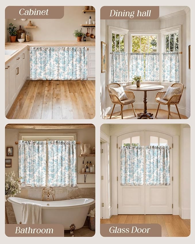 Miss Adola Farmhouse Kitchen Tier Curtains - 36 Inch Length Linen Blend Cafe Curtains Blue Floral Small Window Treatments Over Sink Rod Pocket for Bathroom Living Room Light Filtering, 2 Panels