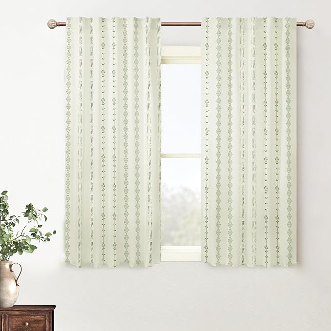 Lino Rosa Bathroom Curtains Window, Short Boho Floral Leaves Print Pattern, Sage Green and Cream, 2 Panel Sets, 45 Inch Length