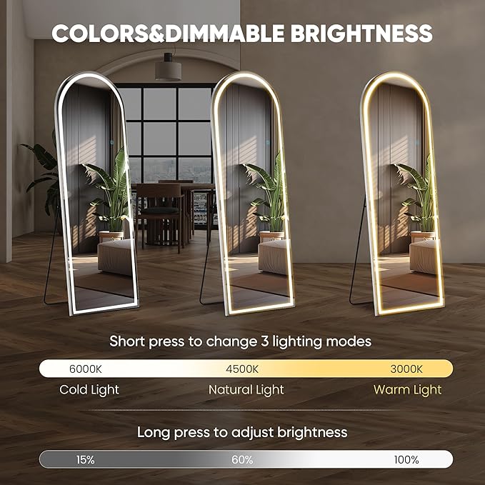 DUMOS Arched Full Length Mirror Lighted, 20"x63" LED Floor Standing Mirror | LED Lights 3 Color Lighting and Shatterproof Tempered Glass, Wall Hanging or Leaning, Floor Standing, Modern Home Decor