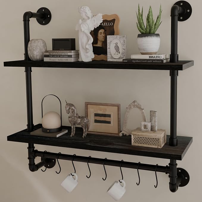 Industrial Pipe Bathroom Shelves Shelving 24" Black Floating Shelves | For Bathroom with Towel Bar Hooks,Kitchen Wall Mounted Shelves Coffee Bar Shelf for Living Room Bedroom