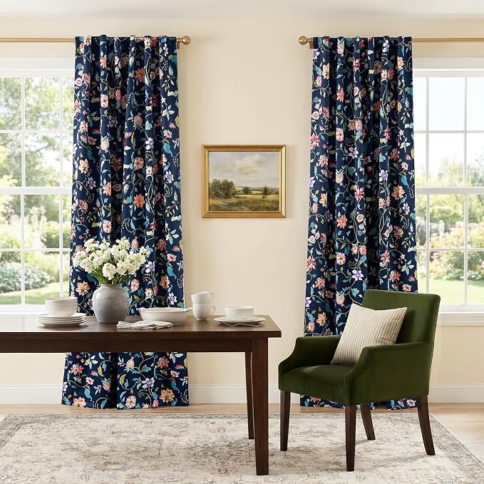 jinchan Hattie Dark Blue Floral Blackout Curtains 84 Inch Length – Room Darkening Drapes for Bedroom, Home Office & Study, Elegant Vintage Floral, Cozy Light Blocking, Set of 2 Panels Back Tab