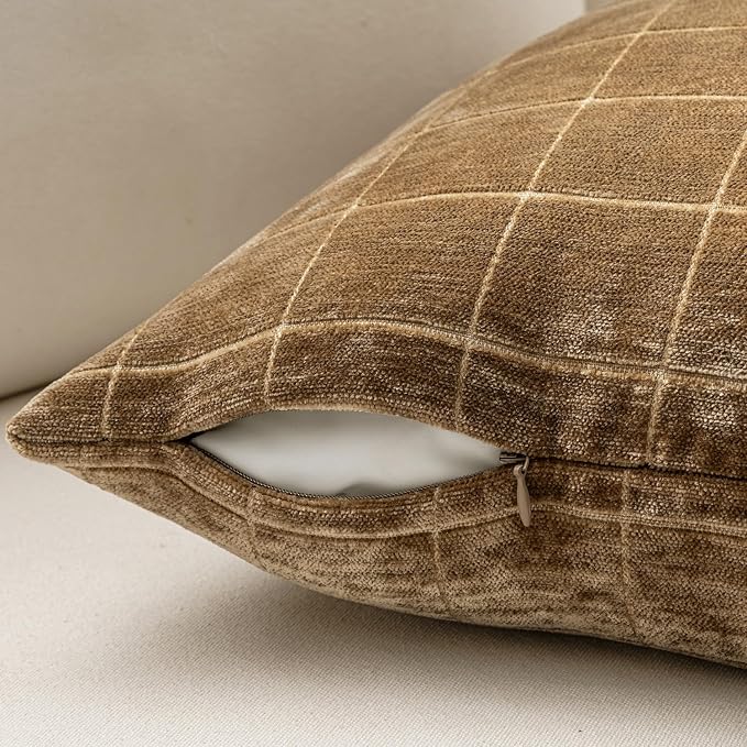 MIULEE Toffee Plaid Decorative Fall Throw Pillow Covers 24x24 Set of 2 | Vintage Check Chenille Couch Pillows Boho Farmhouse Cushion Covers Modern Fall Home Decor for Sofa Bed Living Room