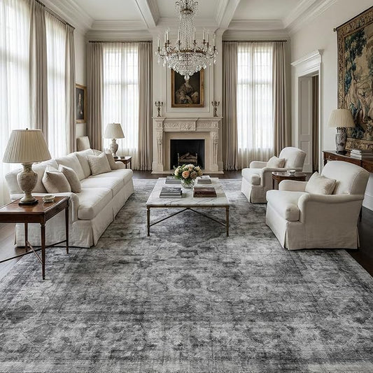 Homemate Washable Rug 10x12 Area Rugs - Vintage Faux Wool Rugs for Living Room Bedroom Dining Room - Non Slip Foldable Carpet Indoor Area Rug for Home Decor（10'x12', Black