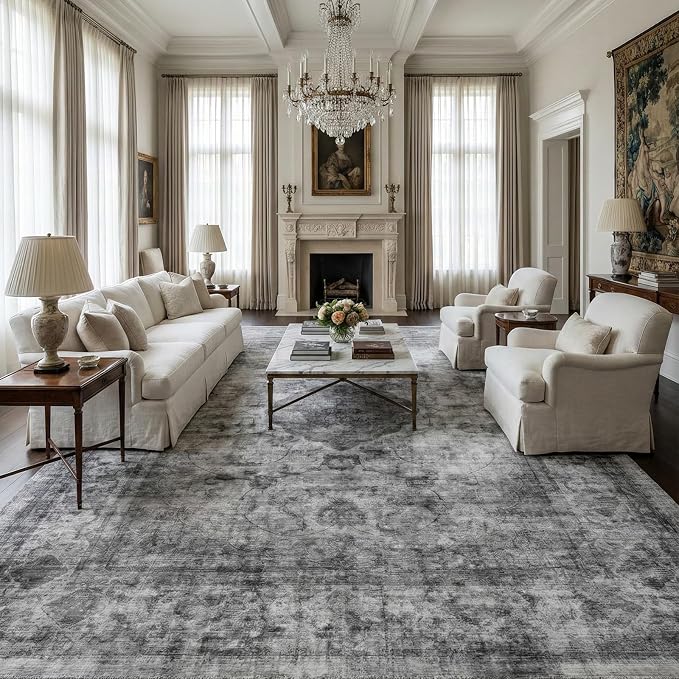 Homemate Washable Rug 10x14 Area Rugs - Vintage Faux Wool Rugs for Living Room Bedroom Dining Room - Non Slip Foldable Carpet Indoor Area Rug for Home Decor（10'x14', Black