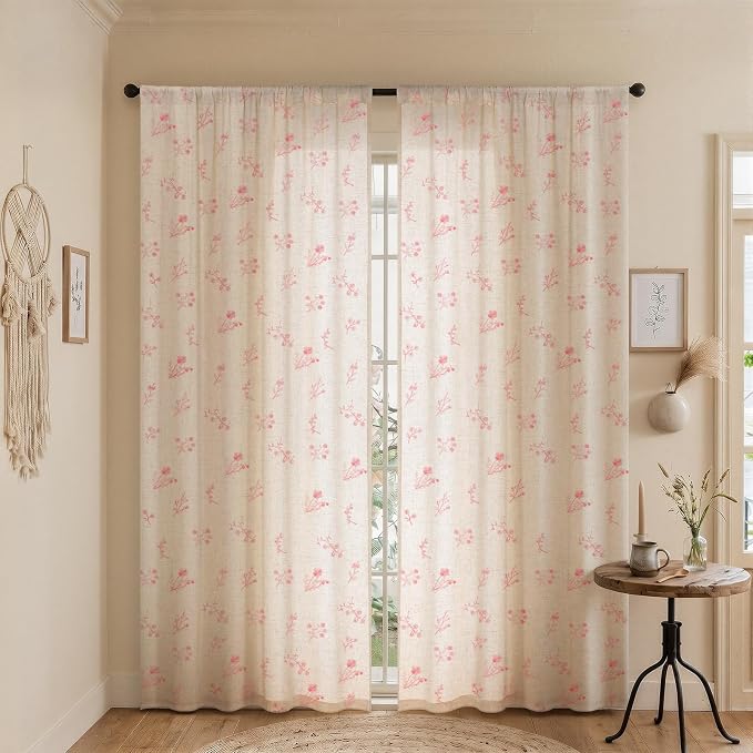 Pink Floral Embroidered Linen Blend Curtains for Bedroom, 84 Inch Light Filtering Spring Farmhouse Vintage Drapes for Living Room Rod Pocket, Set of 2 Panels