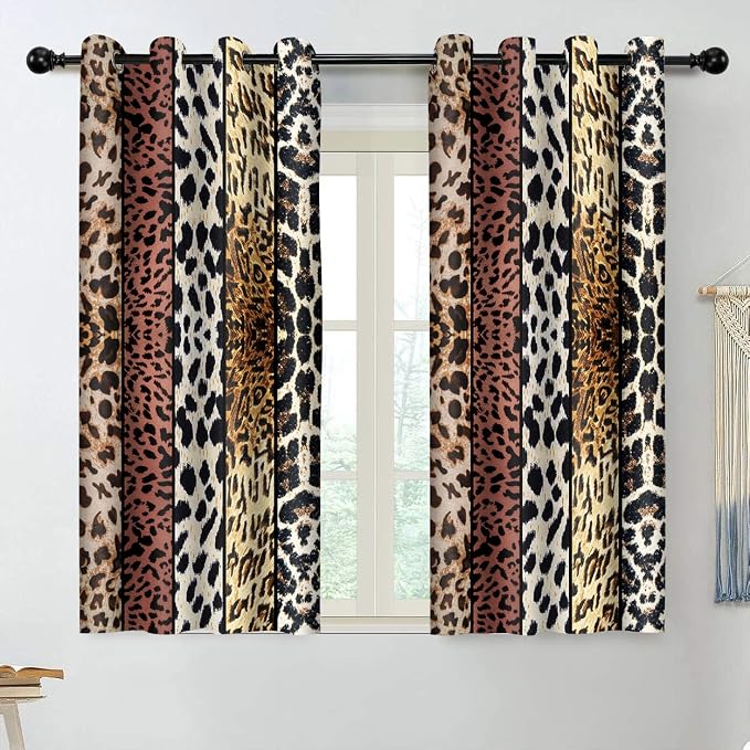 Wild Animal Print Curtain, Room Darkening Thermal Insulated Blackout Leopard Boa Window Drapes with Grommets for Living, Dining, Bedroom, Brown Leopard Print, 52"x 63", 2 Panels