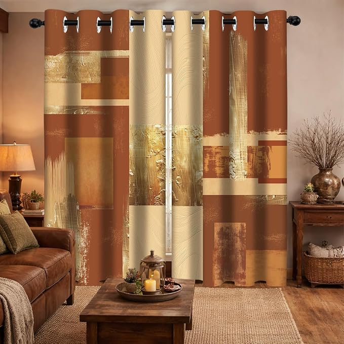 Boho Brown Gold Abstract Blackout Curtains, Modern Oil Aesthetic Neutral Contemporary Beige Darkening Thermal Insulated Grommet Light Blocking Drape Decor, 52 x 84 Inch Long 2 Panels