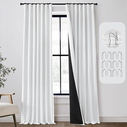 108 Inch Linen Blackout Curtains, 9FT Thermal Insulated Rod Pocket Back Tab Drapes for Living Room Bedroom, 2 Panel Set, 9 FT Length 50'' W x 108'' L, White