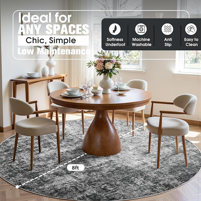 Round Rug 8ft Circle Rug Washable: Carpet Circular Area Rug for Entryway Kitchen Bedroom Dining Room Living Room Large 8 Feet Abstract College Dorm Non Slip Low Pile Black Grey