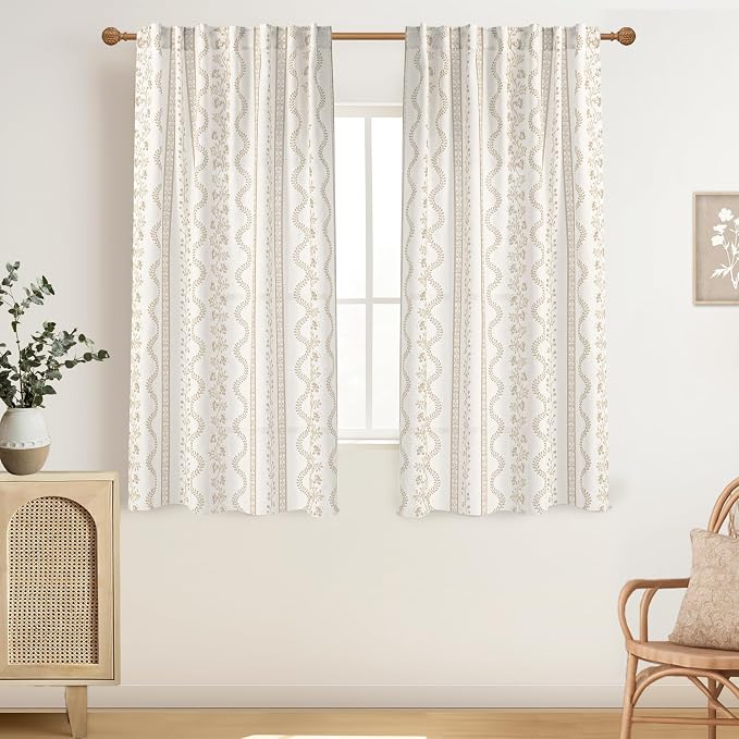 Taupe Vintage Floral Linen Curtains, Boho Light Filtering Semi Sheer Drapes for Living Room Bedroom 63 Inch Length 2 Panel Set