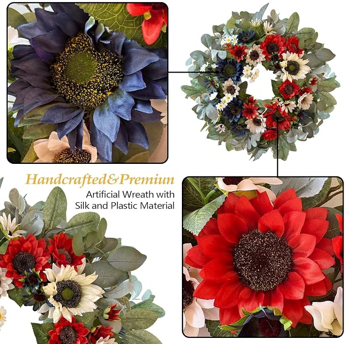 WANNA-CUL 24 Inch Patriotic Sunflower Wreath 4th of July Front Door Wreath | Red White Blue Summer Memorial Day Independence Day Labor Day Wreath for Indoor Outdoor Holiday Decor