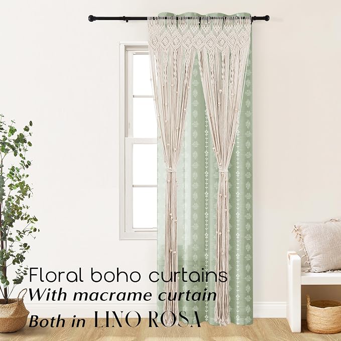 Sage Green Cottage Core Floral Curtains, Light Green Sheer Linen Boho Pattern Curtains for Bedroom Living Room 84 Inches Long 2 Panels Set