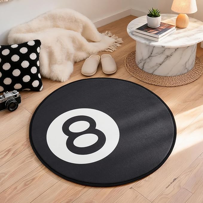 Ophanie 8 Ball Rug-24 Inch White & Black Round Circle Area Rugs, Room Decor for Men, Fluffy Fuzzy Bedroom Eight Carpet, Soft Shaggy Living Room Rugs for Kids Boys Teen Home Y2K Cool Decor Aesthetic