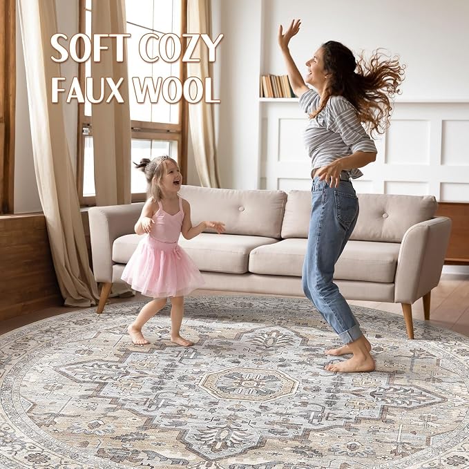 Round Rug Living Room Rugs: 10x10 Washable Boho Neutral Large Circle Soft Indoor Distressed Stain Resistant Floor Farmhouse Carpet for Bedroom Nursery Kids Playroom Office Dining Room Dorm- Cream Gray