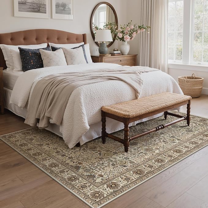 Bavni Washable Rugs 3x5 Machine Washable Rug Lightweight Low Pile, Vintage Floral Rug Non-Shedding Distressed Throw Carpet for Living Room Bedroom Office, Dark Espresso