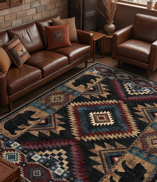 YIHOUSE Rustic Cabin Area Rug for Bedroom 6x9,Machine Washable Lodge Bear Rug,Non-Slip Low Pile Print Pattern Western Rug for Living Room