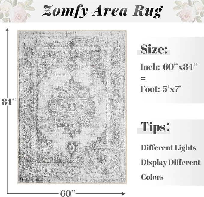 Area Rug 5x7 Vintage Rugs: Washable Indoor Medallion Rug Low Pile Distressed Floor Carpet Retro Accent Rugs for Living Room Bedroom Kitchen Dining Table Home Office(Grey, 5'x7')