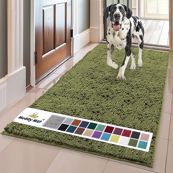 Muddy Mat® | Super Water Absorbent Door Mat Indoor, Microfiber Quick Dry Chenille Entryway Rug, Slip Resistant Front Door Mat, Indoor Mats for Entryway, Machine Washable Pet Rug, Army Green 36"x60"