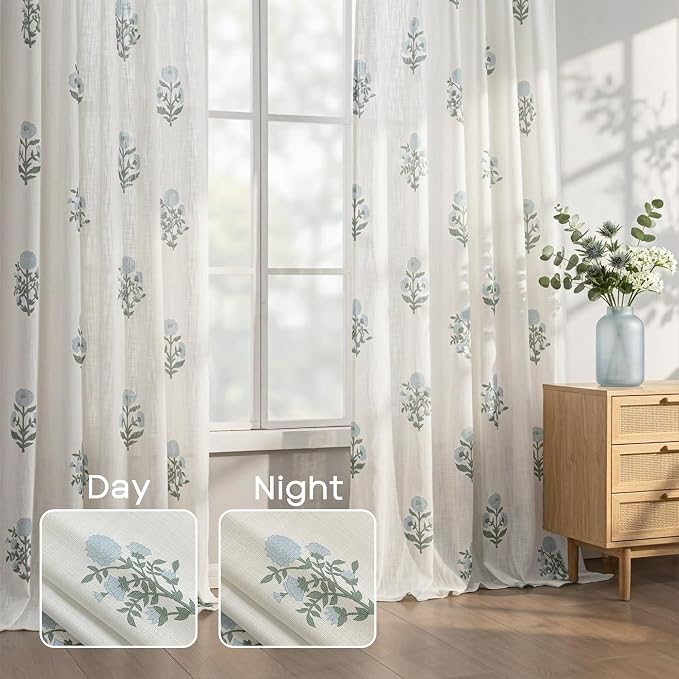 Pinch Pleated Floral Linen Curtains, 108 Inch Floor to Ceiling Pleat Drapes for Track System, 9FT Long Semi Sheer Pattern Luxury Drapery for Living Room 2 Panel Set
