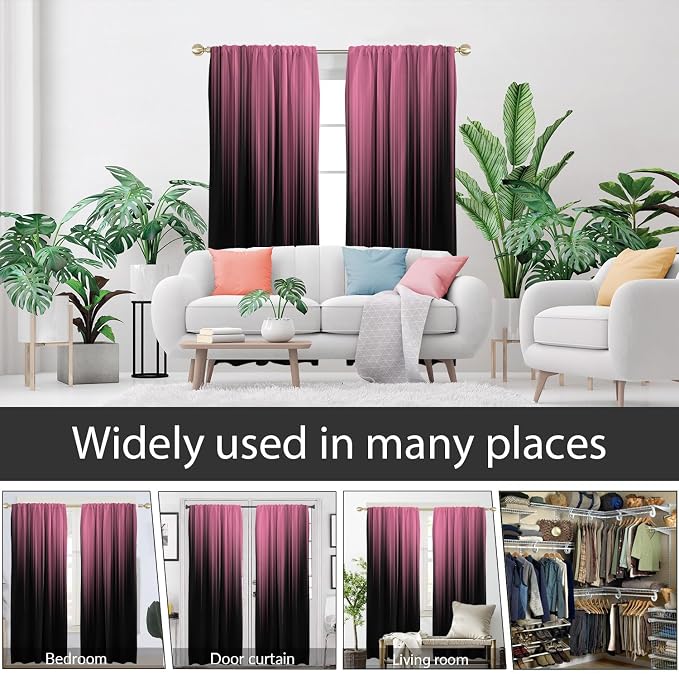 AAtter Pink and Black Window Curtains, Ombre Long 42" W x 84" L, 2 Panels | Gothic Modern Rod Pocket Drapes, Cute Preppy Girls Style, Abstract Striped Design, Tall Living Dining Room Decor for Women