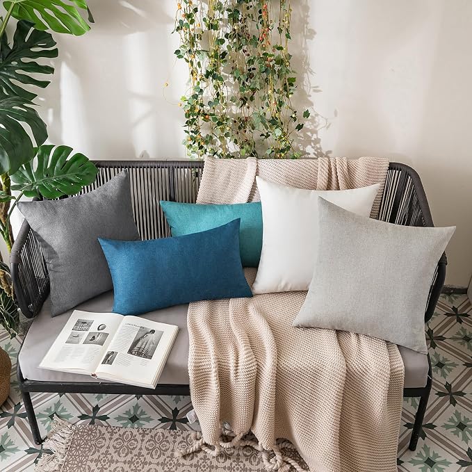 MIULEE Pack of 2 Decorative Outdoor Solid Waterproof Throw Pillow Covers Faux Linen Garden Farmhouse Cushion Cases for Patio Tent Balcony Couch Sofa 18x18 Inch Light Grey