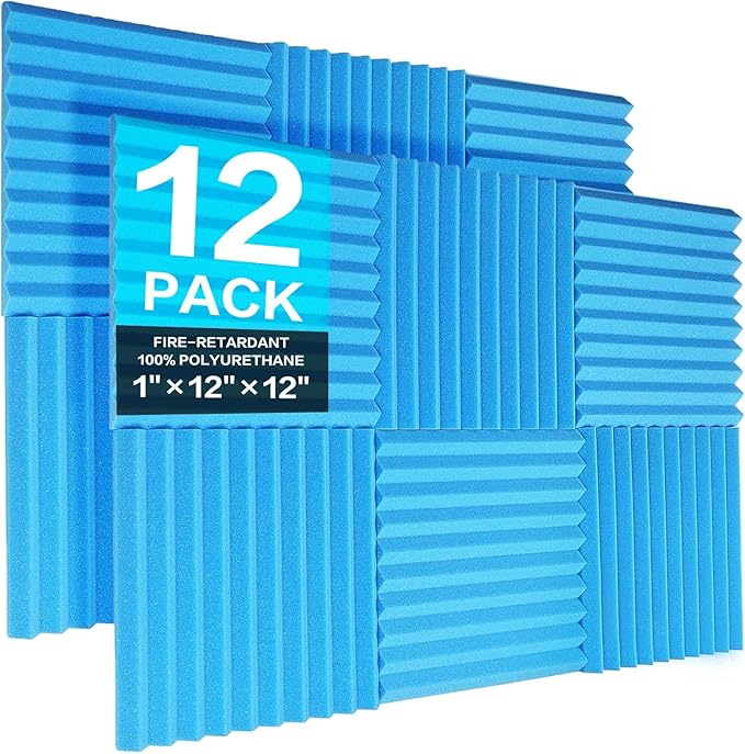 JBER 12 Pack Acoustic Foam Panels, 1" X 12" X 12" Studio Soundproofing Wedges Fire Resistant Sound Proof Padding Acoustic Treatment Foam (Blue)