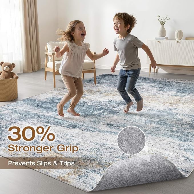 10x13 Area Rug Living Room: Washable Large Neutral Rug Abstract Soft Modern Stain Resistant Indoor Floor Non-Slip Carpet for Bedroom Nursery Kids Office Playroom Dining Room Under Table- Blue Gold