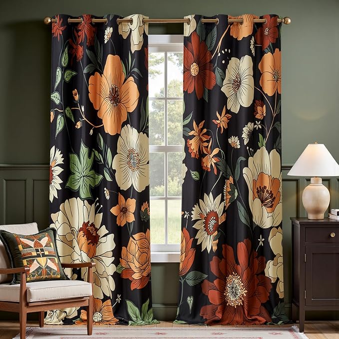 jinchan Lora Floral Curtains for Bedroom Blackout Drapes for Living Room Darkening Fabric Vintage Black Boho Flower Pattern Fall Decor Window Curtains 108 Inches Length 2 Panels with Grommet