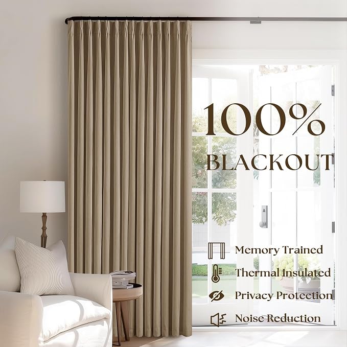 Tan Brown Pleated Linen Blackout Curtains 90 Inches Long for Bedroom Living Room Pinch Pleat Black Out Thermal Insulated Ring Hooks Back Tab Room Darkening Drapes Coffee Color Curtains with Liner