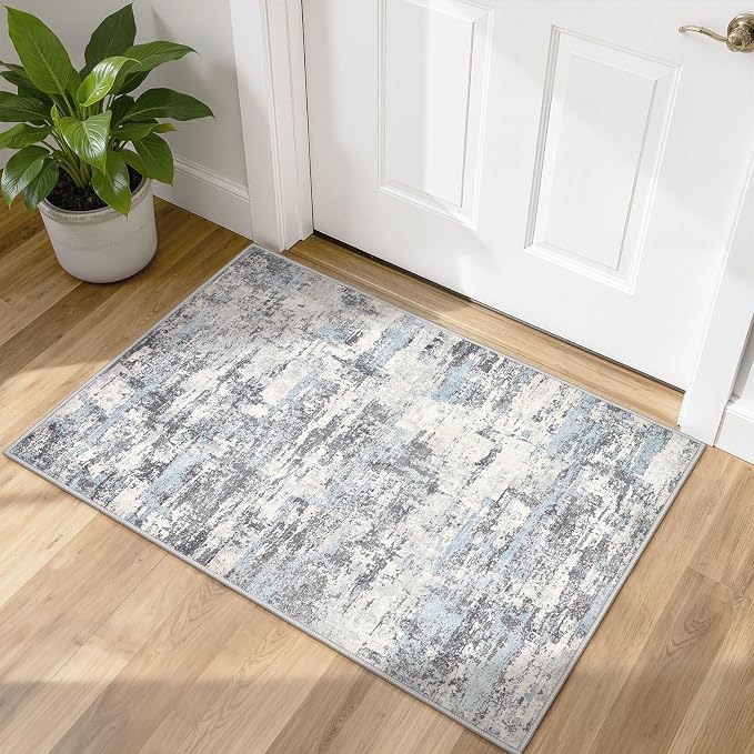 Washable Area Rugs: 2x3 Abstract Modern Soft Stain Resistant Non-Slip Backing for Living Room Entryway Bedroom Nursery - Blue Grey
