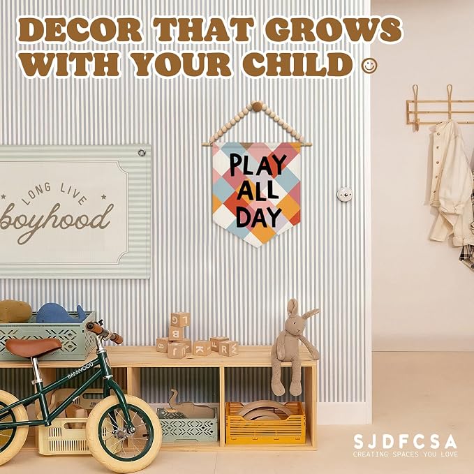 SJDFCSA Playroom Wall Art Decor, Kids Room Decor, Play All Day Colorful Checkered Boho Nursery Wall Hanging Display Pennant Flag for Kids Boys Girls Nursery Toddler Room Bedroom Playroom