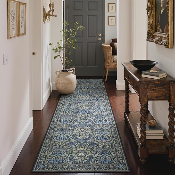 GENIMO 2.5x10 Washable Long Runner Rug, Non Slip Hallway Mat, Dark Blue | Vintage Boho Floral Low Pile Thin Mat for Entryway, Kitchen, Bedroom, Indoor Decor