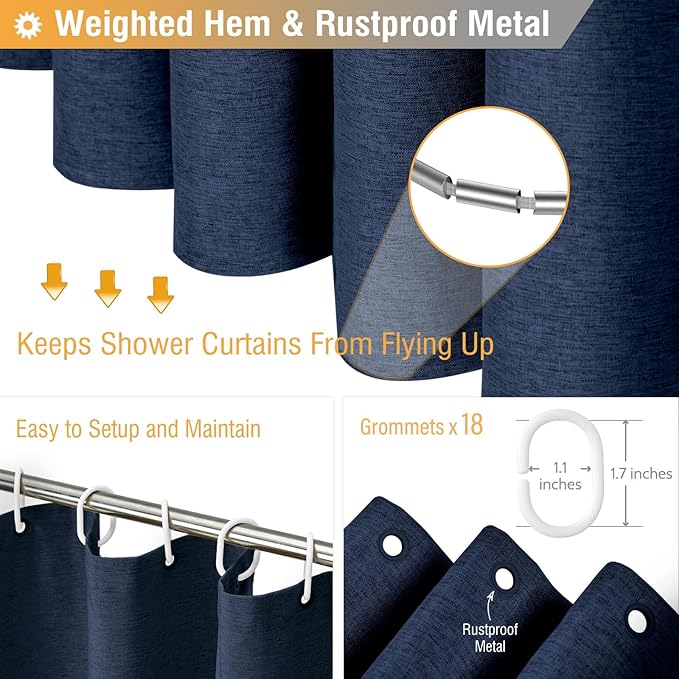 BTTN Extra Wide Shower Curtain - 108x72 Inch Linen Textured Waterproof Fabric Shower Curtain Set with 18 Plastic Hooks, Large Modern Neutral Decorative Shower Curtains for Bathroom and Bathtub - Navy