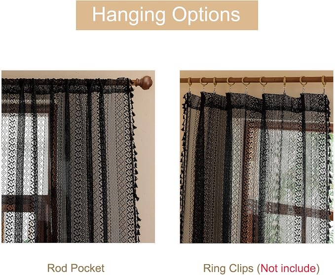 Sutuo Home Lace Boho Curtains 2 Panels for Kitchen Nursery, Semi Sheer Curtains Crochet Vintage Chic Tassels Bohemian Rustic Long Strips Privacy Window Treatments Geometry Rod Pocket, 50" x 63" Black