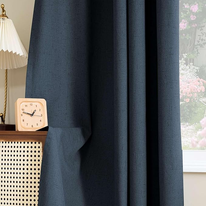 H.VERSAILTEX Linen Look 100% Blackout Curtains 45 Inches Long for Bedroom Full Light Blocking Rod Pocket Linen Textured Thick Window Curtain Drapes with White Backing, Navy, 2 Panels