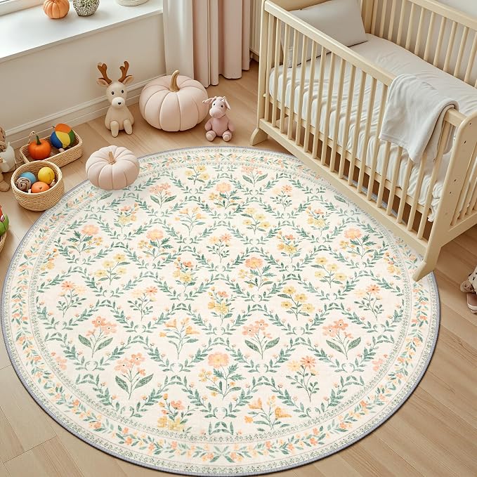 Round Area Rug for Living Room: 4 ft Floral Washable Circle Rug Soft Non-Slip Carpet Indoor Stain Resistant Low Pile Small Circular Rug for Bedroom Entryway Kitchen Nursery Home Office Beige/Multi