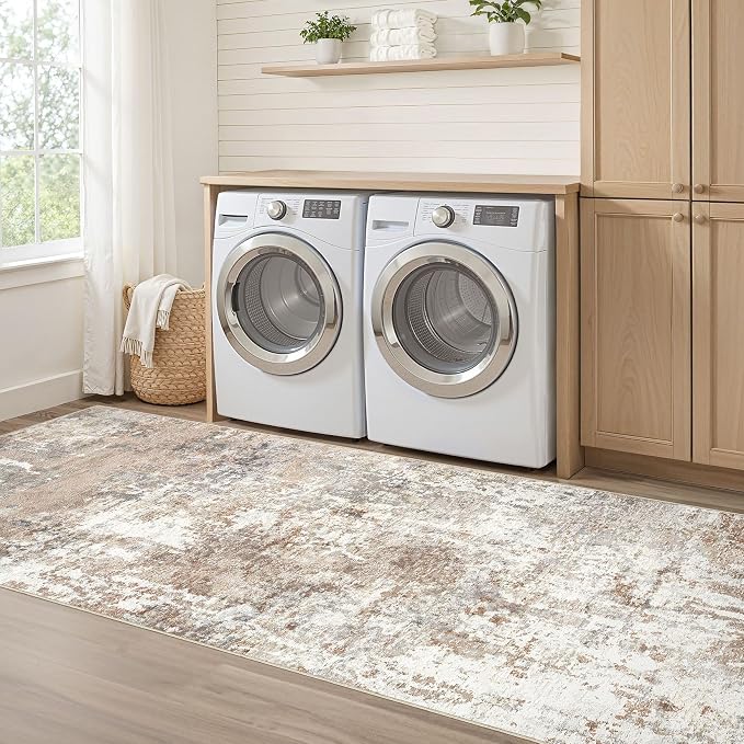 Runner Rug Kitchen Washable Rugs: 2x6 Non-Slip Abstract Soft Modern Stain Resistant Indoor Floor Neutral Accent Throw Carpet for Hallway Bathroom Laundry Room Entryway Bedroom- Brown