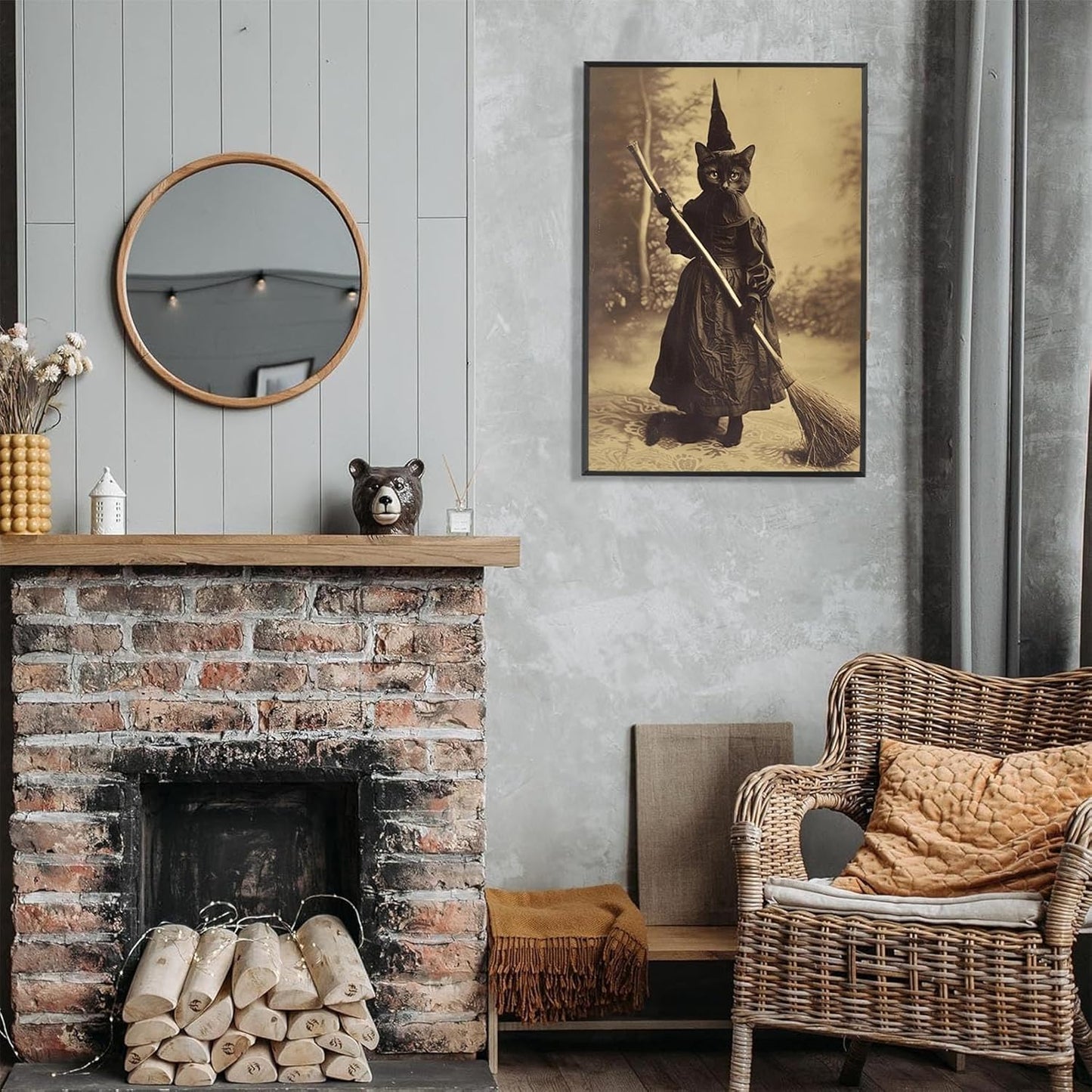 Halloween Decor Posters Black Cat Witch Canvas Wall Art Vintage Spooky Print Of Gothic Room Family Dark Academia Decorations Creepy Picture Poster Aesthetic 16X24inch Aluminum Framed