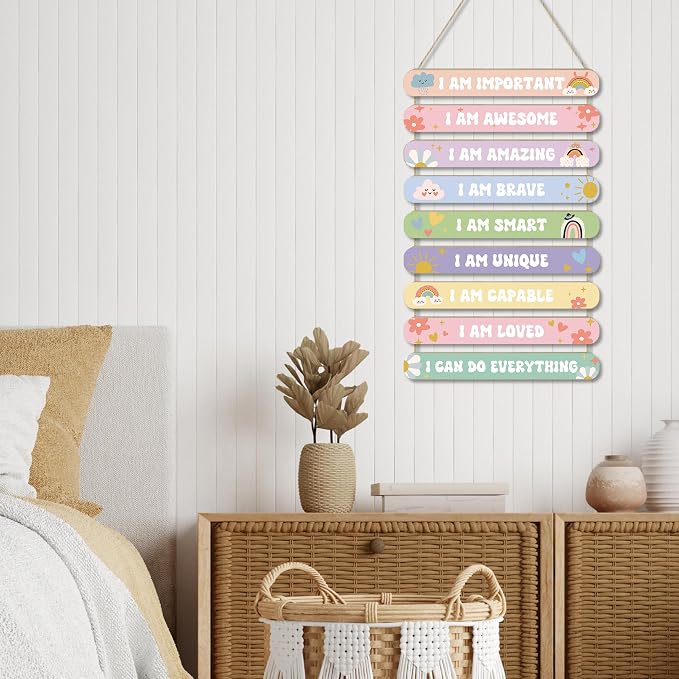 MONALET Pastel Boho Inspirational Wall Decor for Girls Kids Room Nursery Toddlers Playroom Classroom, Positive Affirmations Hanging Wooden Signs Decorations, I Am Loved Wall Art Wood Plaque 9Pcs 12x19