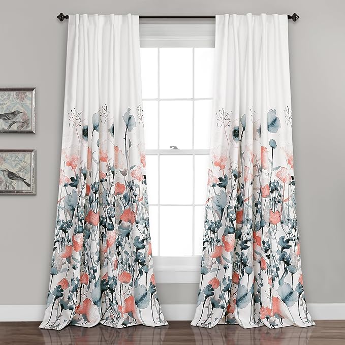 Lush DÉCOR Zuri Flora Curtains Light Filtering Window Panel Set for Living, Dining, Bedroom (Pair), 84 x 52 in, Blue and Coral, 2 Count