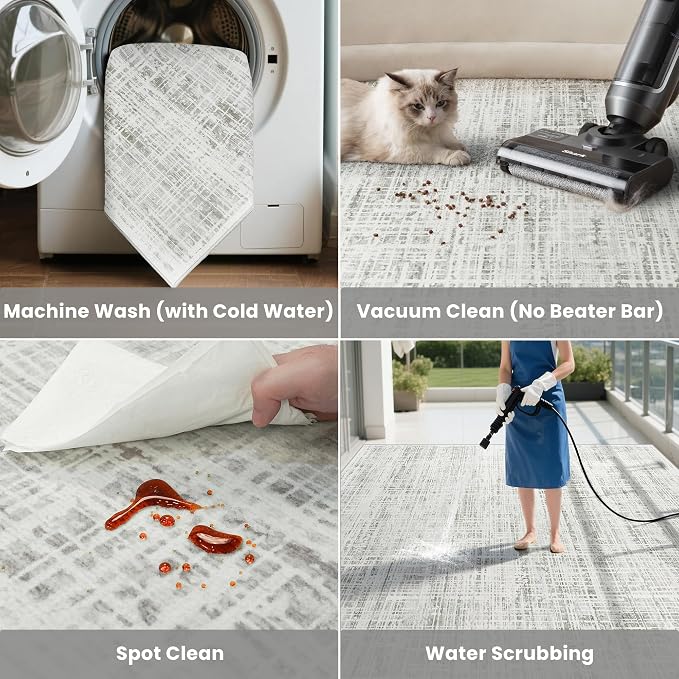 10x12 Area Rugs Washable Rug: Anti-Skid Abstract Modern Living Room Rug Soft Thin Carpets Indoor Floor Non-Shedding Carpet for Bedroom Dining Farmhouse Nursery Home Office (White Gray, 10'x12')