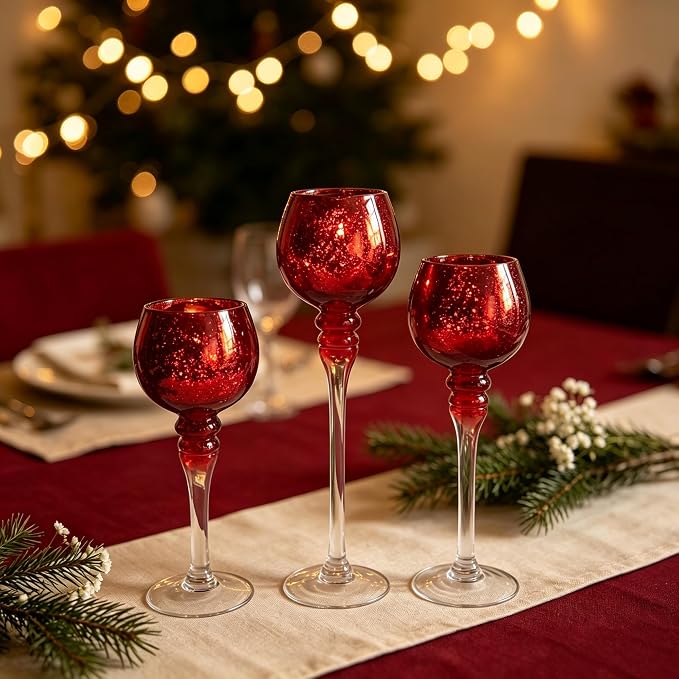 Hosley Set of 3 Crackle Red Glass Tealight Holders - 12 Inch, 10 Inch, 9 Inch Ideal for Weddings Special Events Parties Also Makes a Great Gift