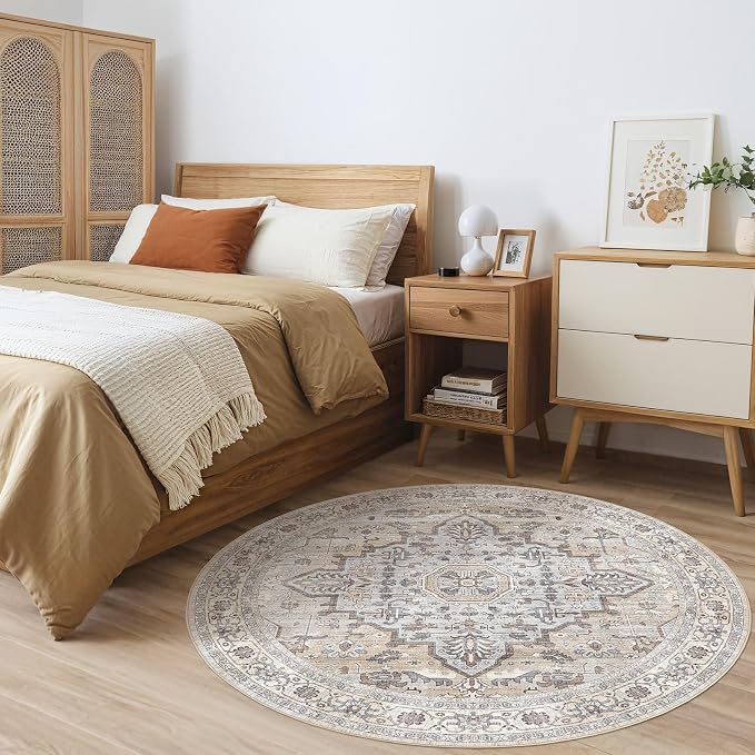 Round Rug Living Room Rugs: 4x4 Washable Boho Neutral Small Circle Soft Indoor Distressed Stain Resistant Floor Farmhouse Carpet for Bedroom Nursery Kids Playroom Office Dining Room Dorm- Cream Gray