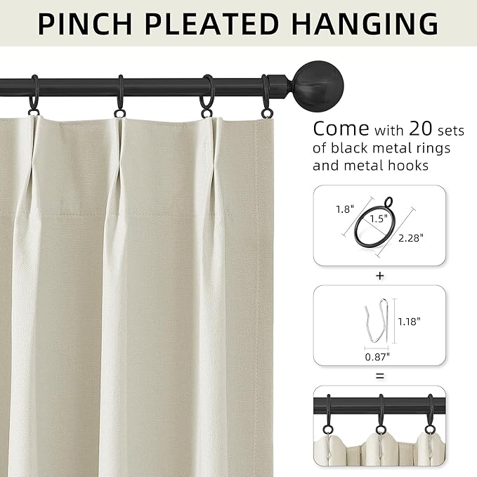 ChrisDowa Birch Pinch Pleated Blackout Linen Curtains 90 inches Long 2 Panels for Living Room Bedroom Farmhouse Room darking Thermal Insulated Back Tab Hooks Rings Window Treatment Drapes,40x90