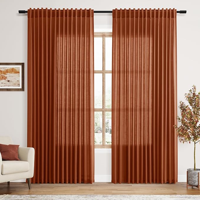 Nanspring Extra Wide Linen Curtains for Living Room 84 Inches Long Terracotta Light Filtering Semi Sheer Boho Farmhouse Curtain for Bedroom Office Luxury Back Tab and Rod Pocket 100x84, 2 Panels