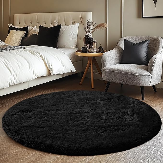 CAIYUECS Black Round Rug for Bedroom 5x5Feet: Soft and Fluffy Area Rug for Boys Bedroom- Black Oval Furry Plush Rug for Kids Room, Nursery, 5ft