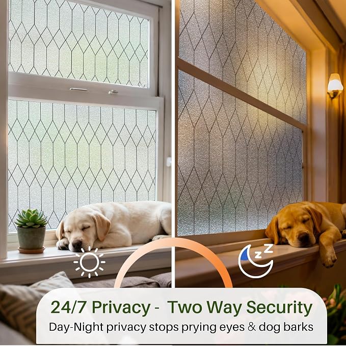 Windimiley Window Privacy Film Stained Glass Static Clings, Bathroom Frosted Leaded Decorative Window Stickers, UV Heat Blocking Opaque Removable for Home Door Coverings (17.5 x 157.5in,Pure)